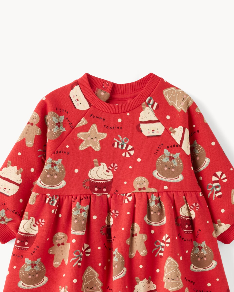 image 1 of Christmas Baby Cotton Rich Print Sweat Dress in Red