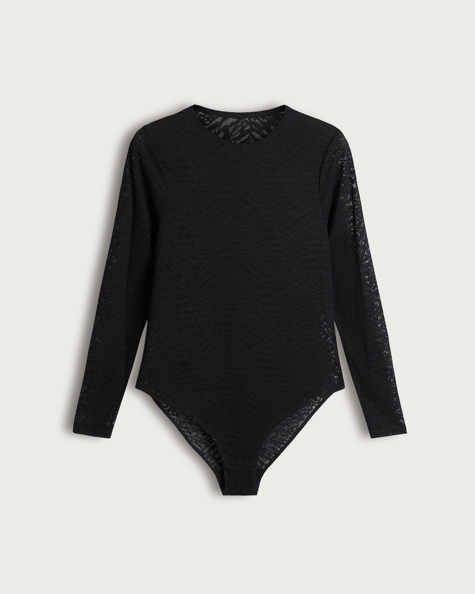 image 1 of F&F Contour Animal Lace Long Sleeved Bodysuit in Black