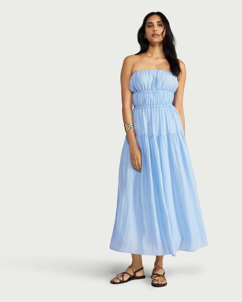 image 1 of F&F Ruched Tiered Strapless Midi Dress in Blue
