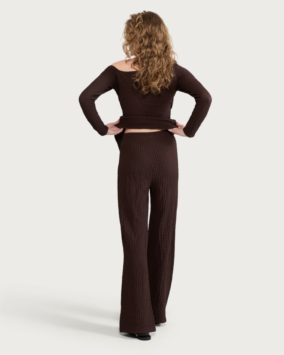 image 1 of F&F Crinkle Textured Wide Leg Trousers in Chocolate