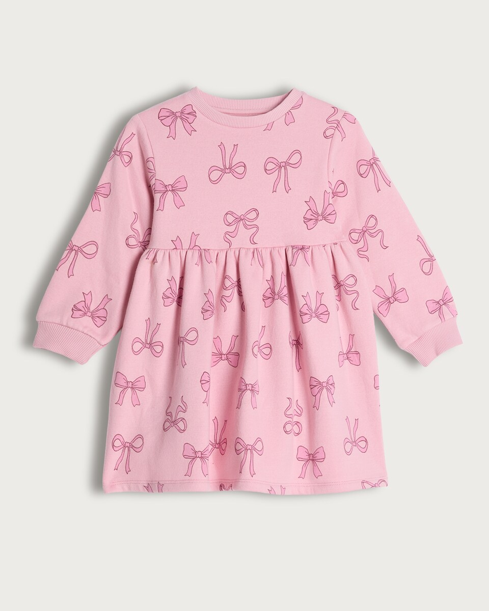 F&F Girls Cotton Rich Bow Print Long Sleeved Sweater Dress in Pink