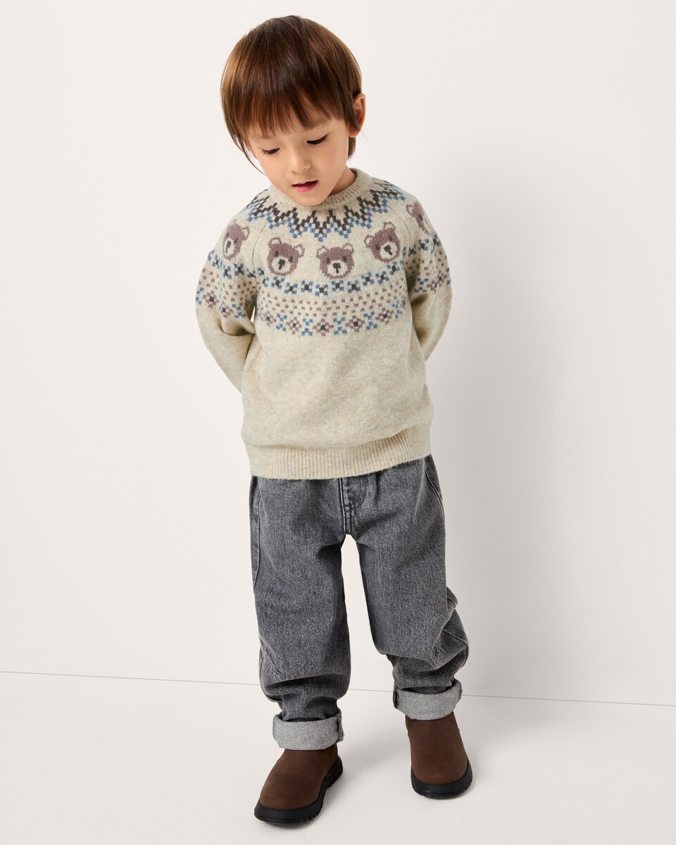 image 1 of F&F Boys Fair Isle Teddy Jumper in Stone