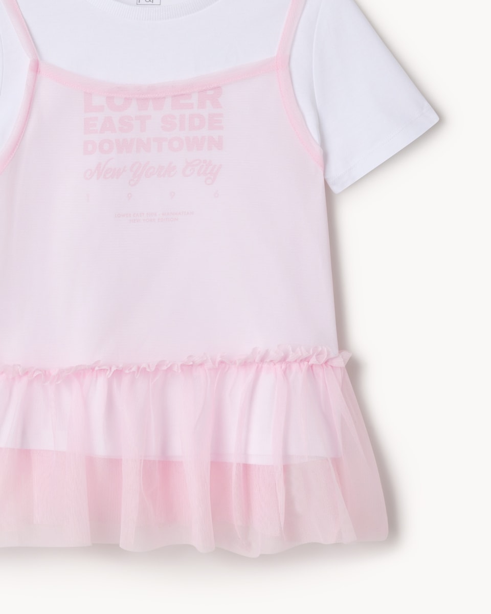 image 1 of F&F Girls Tulle Layered T-Shirt in Multi