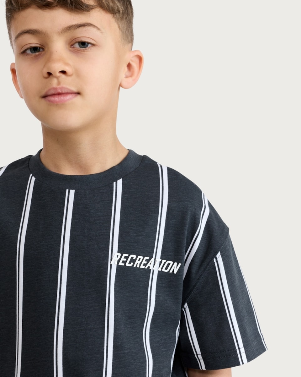 image 1 of F&F Boys 2-Piece Pure Cotton Striped T-Shirt and Shorts Set in Grey