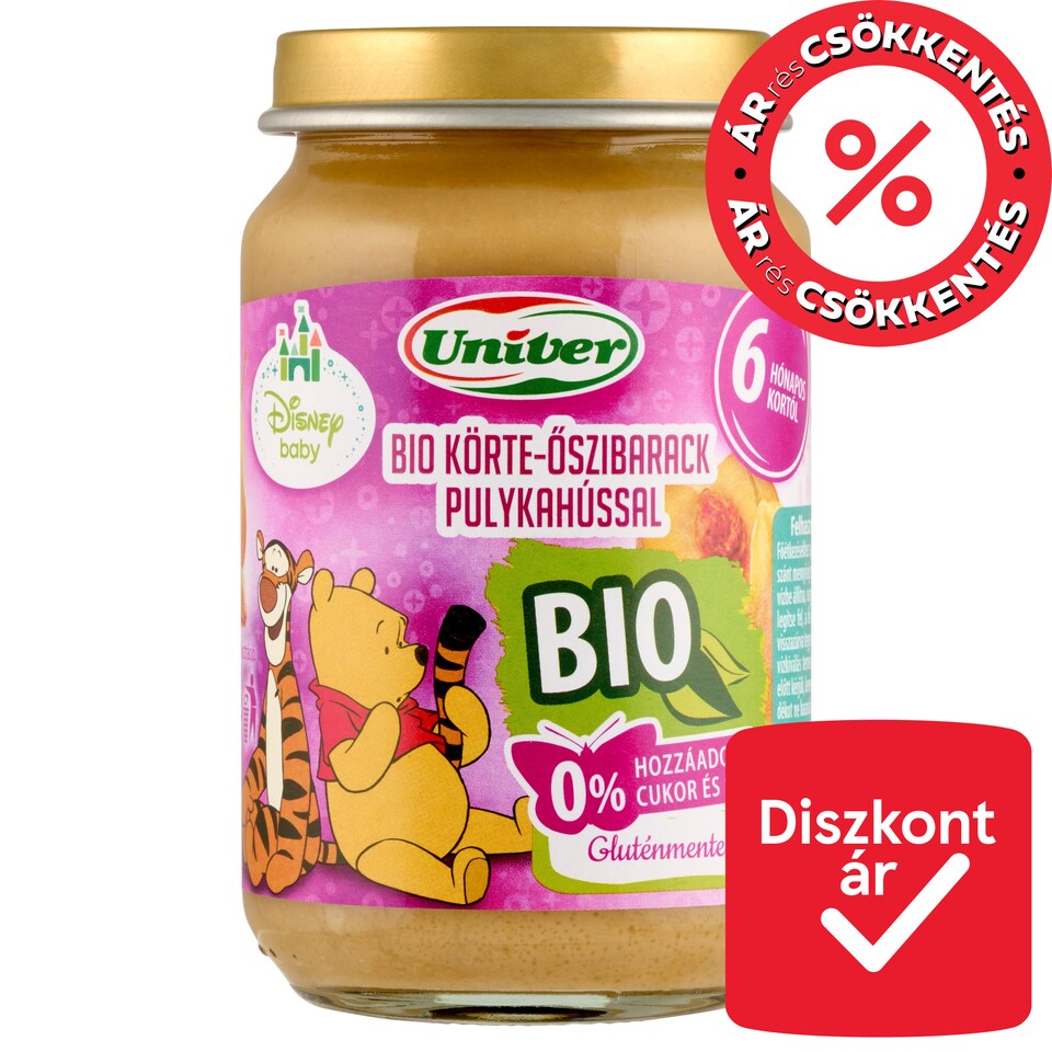 Univer Disney Baby bio körte-őszibarack pulykahússal bébiétel 6 hónapos kortól 163 g  1. kép