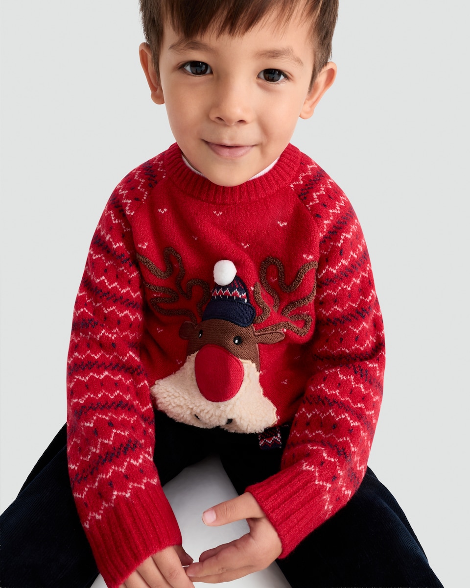 image 1 of F&F Boys Knitted Reindeer Christmas Print Light Up Jumper in Red