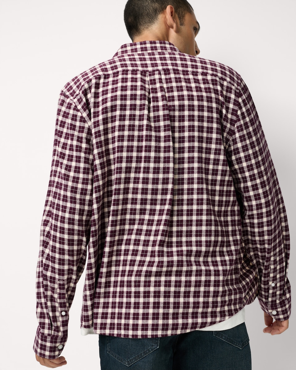 image 1 of F&F Pure Cotton Brushed Checked Shirt in Burgundy