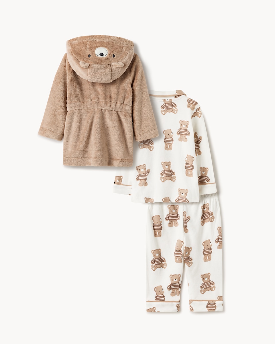 image 1 of F&F Baby 3-Piece Teddy Bear Pyjama Set in Dark Nude