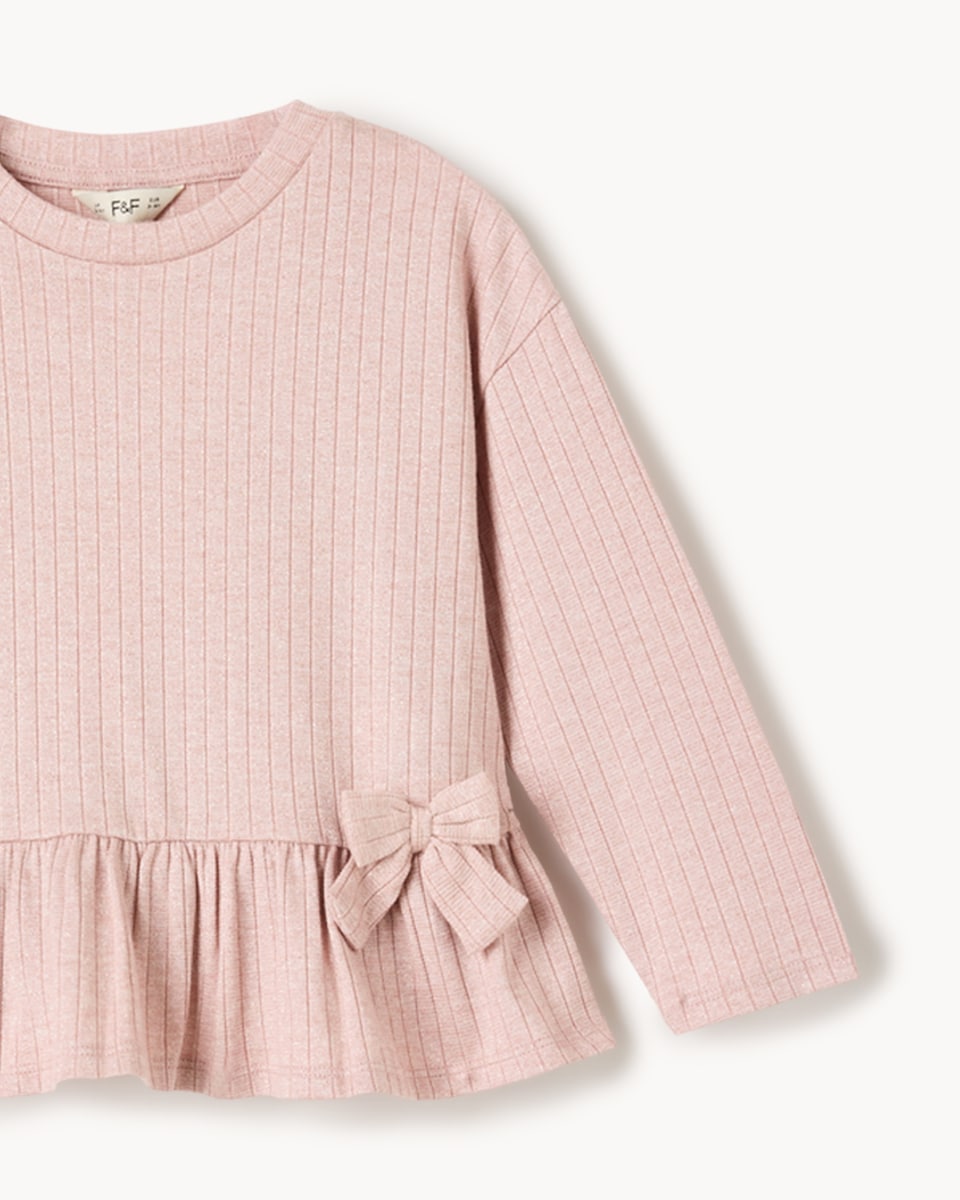 image 1 of F&F Girls Sparkly Ribbed Peplum Top and Flared Leggings Set in Pink