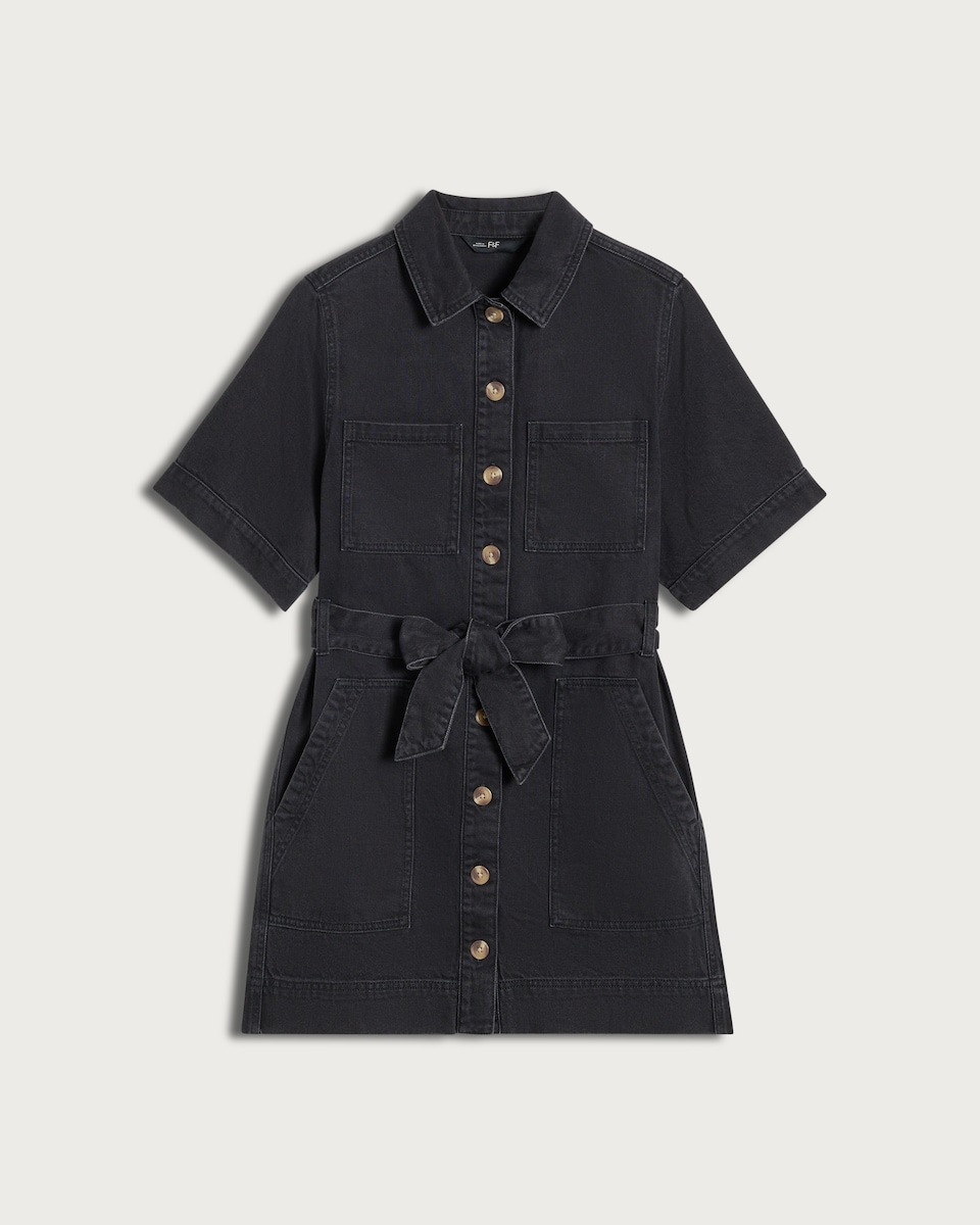 image 1 of F&F Pure Cotton Button Front Short Sleeved Denim Shirt Dress in Black