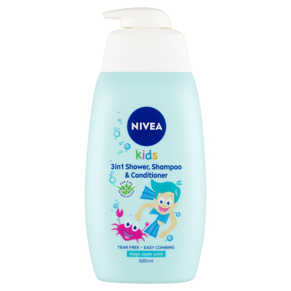 NIVEA Kids Magic Apple 3in1 tusfürdő, sampon és balzsam kamilla és bio aloe vera kivonattal 500 ml 1. kép