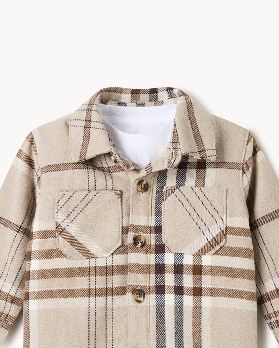 image 1 of F&F Baby Pure Cotton Check Shirt, T-Shirt and Cargo Jeans Set in Neutral