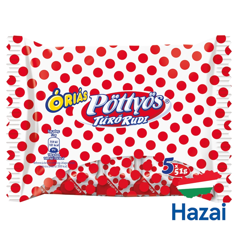 Pöttyös Óriás Túró Rudi natúr túródesszert kakaós étbevonattal 5 x 51 g (255 g)