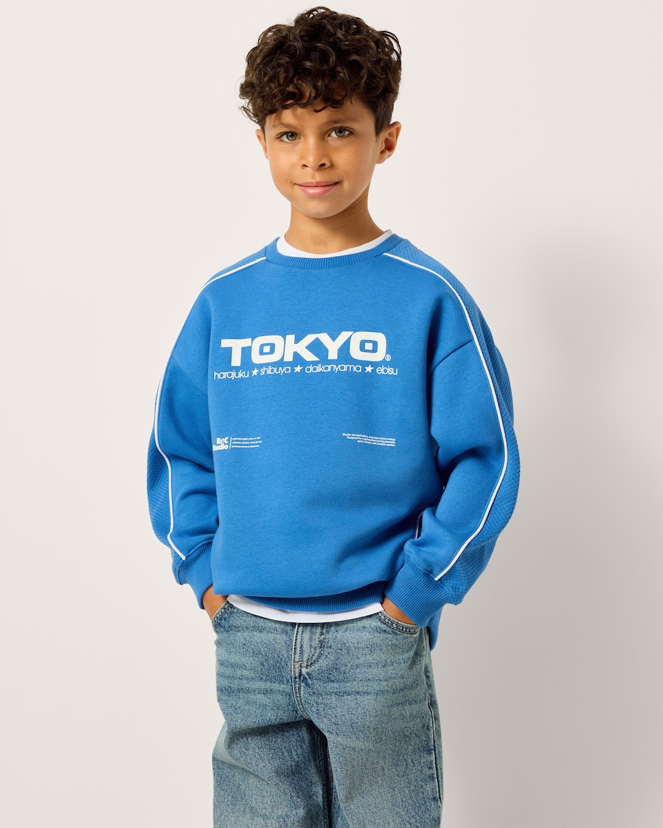 image 1 of F&F Boys Cotton Rich Tokyo Sweatshirt in Blue