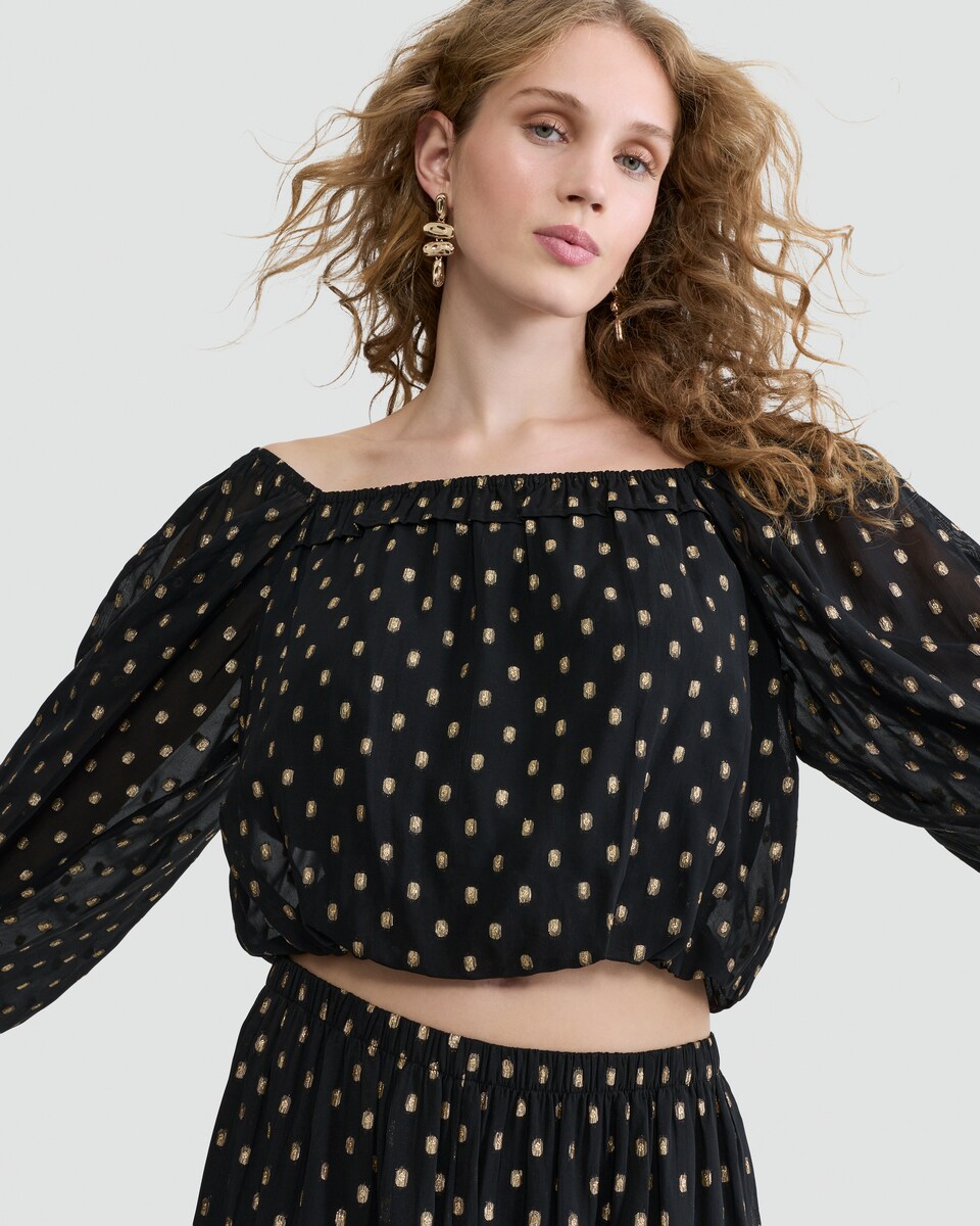 image 1 of F&F Metallic Polka Dot Long Sleeved Co-ord Blouse in Black
