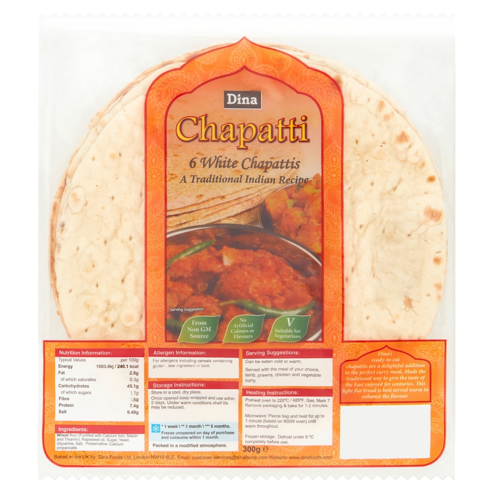 Dina White Chapattis 6 Pack 300g