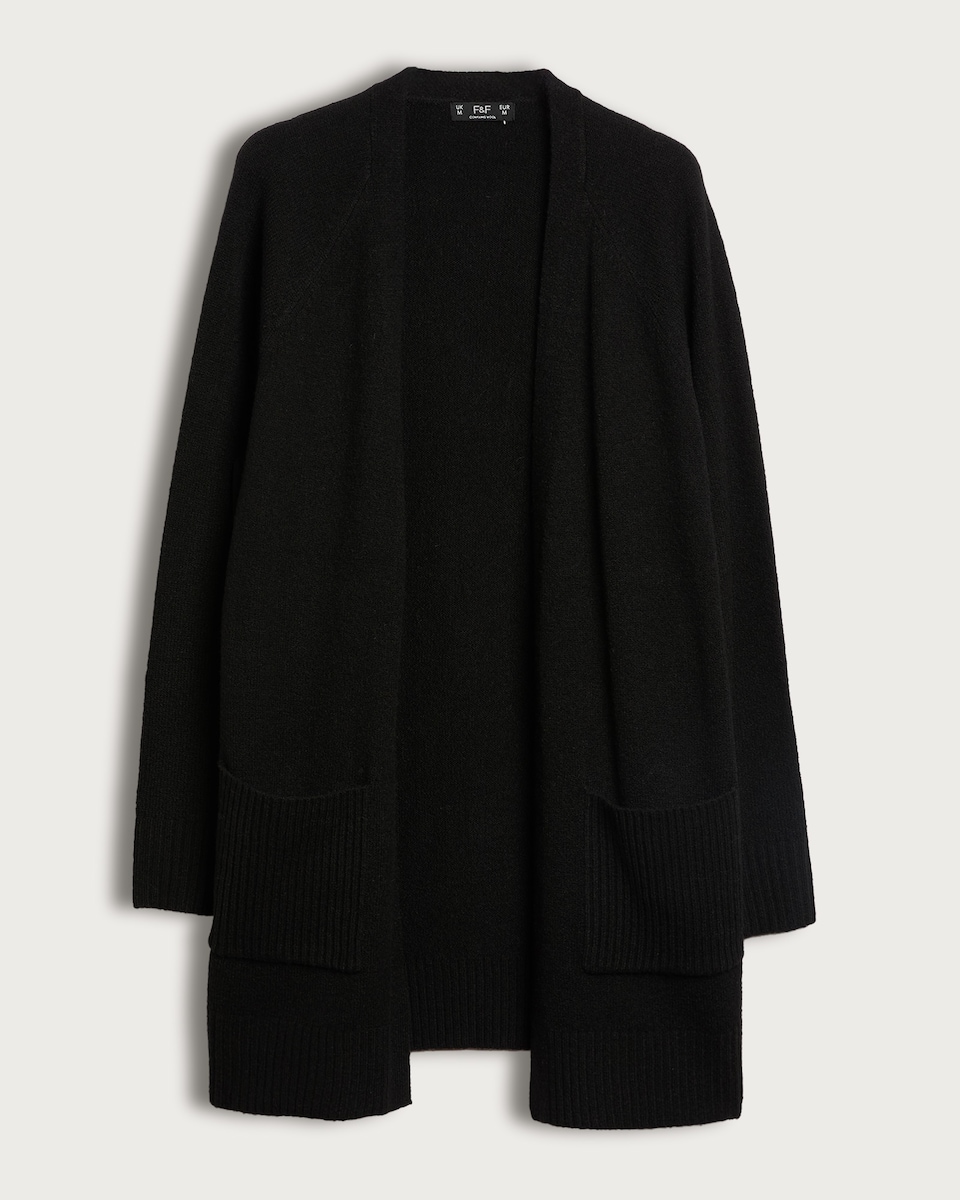 image 1 of F&F Patch Pocket Open Front Cardigan with Wool in Black