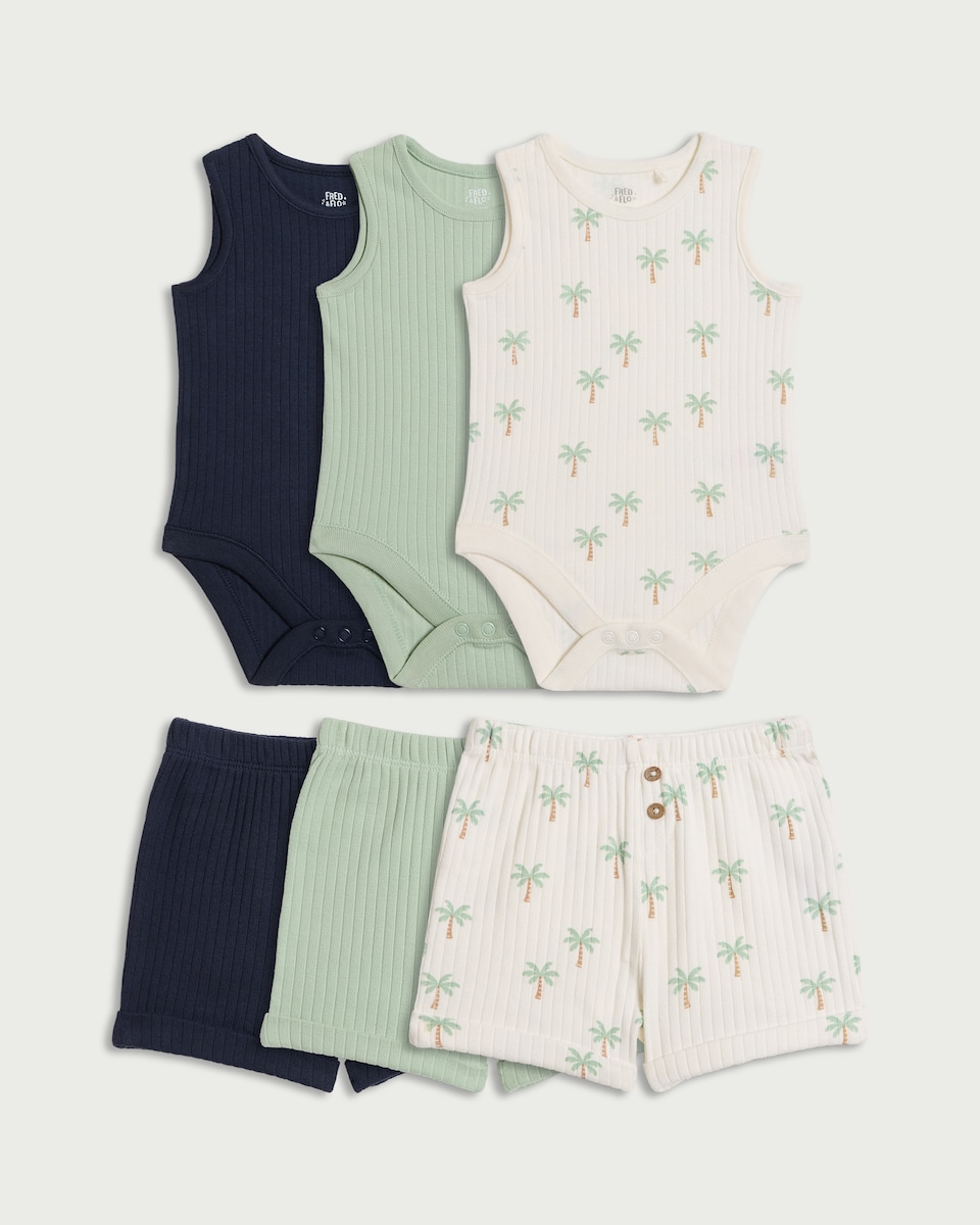 F&F Baby 3-Pack Cotton Rich Ribbed Bodysuit and Shorts Sets in Multi