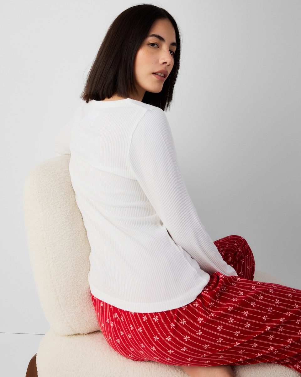 image 1 of F&F Brushed Henley Bow Pyjama Set in Multi Red