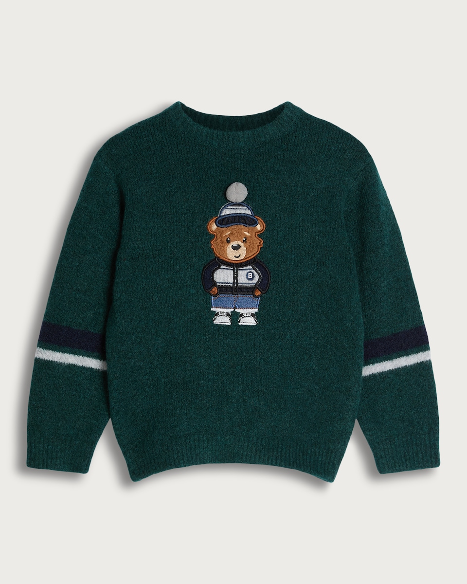 image 1 of F&F Boys Textured Knit Bear Print Jumper in Green
