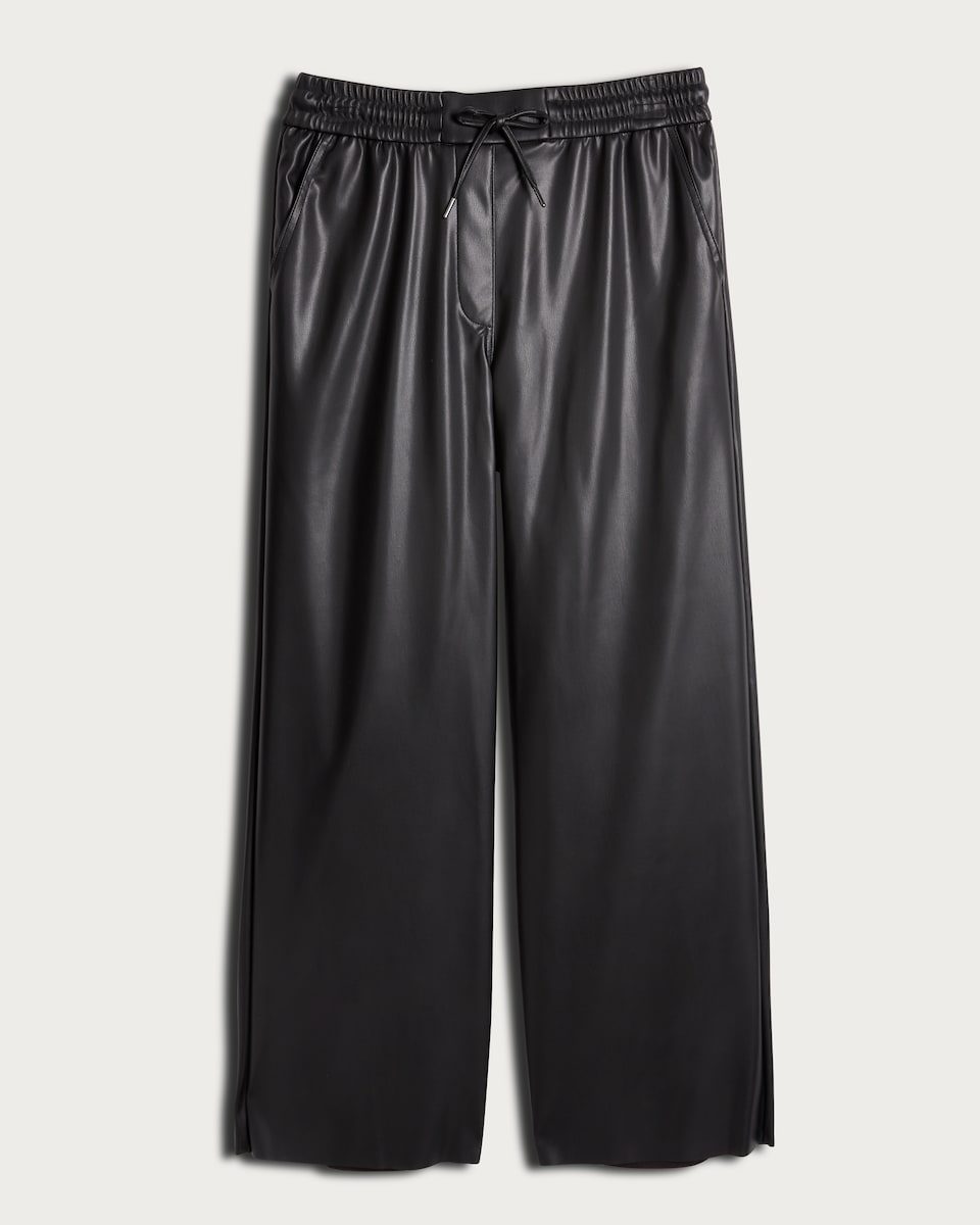 image 1 of The F&F Edit Faux Leather Wide Leg Drawstring Joggers in Black