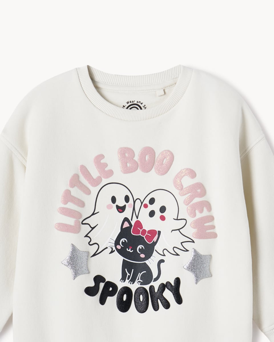 image 1 of F&F Girls Cotton Rich Boo Crew Sweatshirt and Leggings Set in Cream