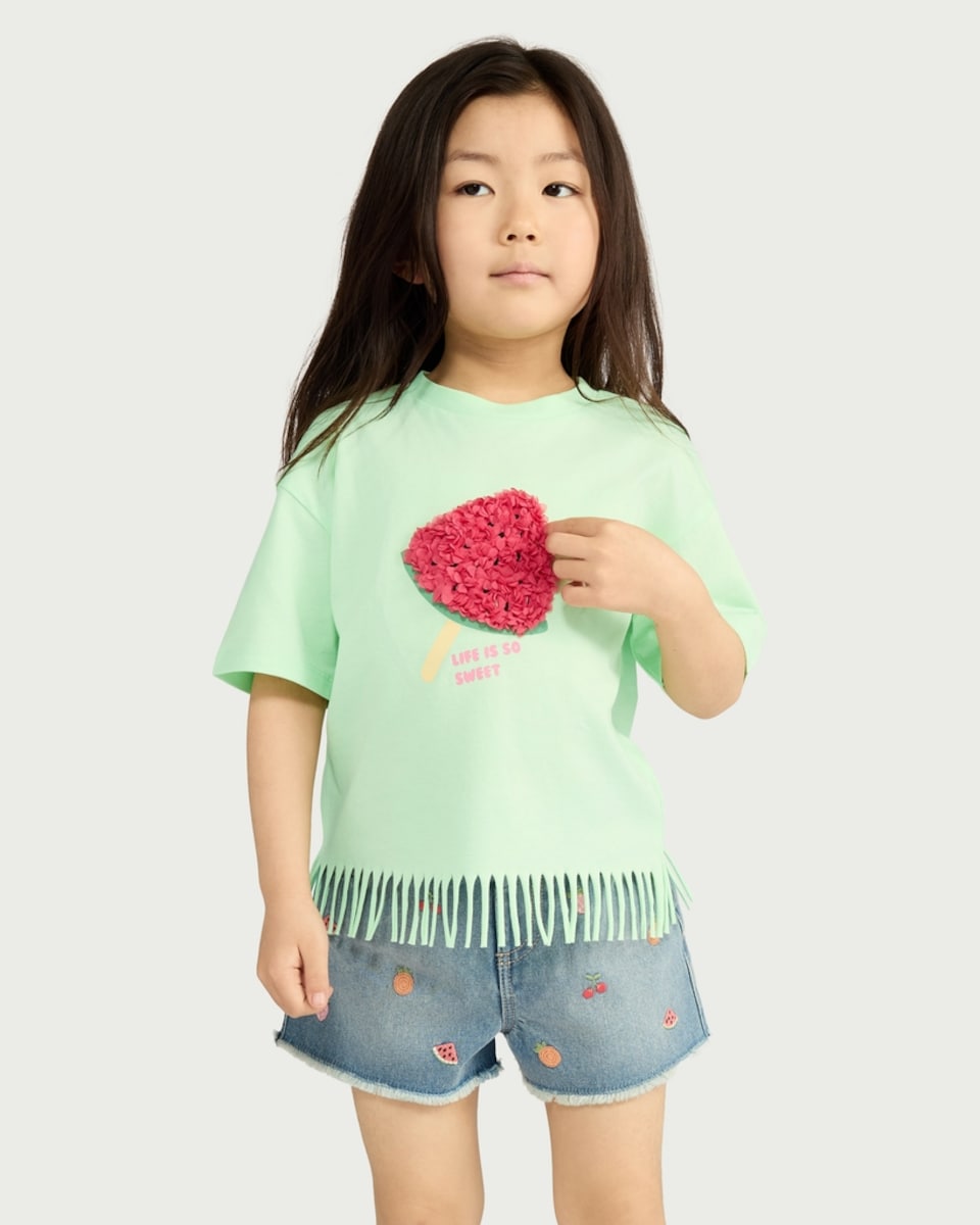 image 1 of F&F Girls Pure Cotton Watermelon Fringed Hem T-Shirt in Green