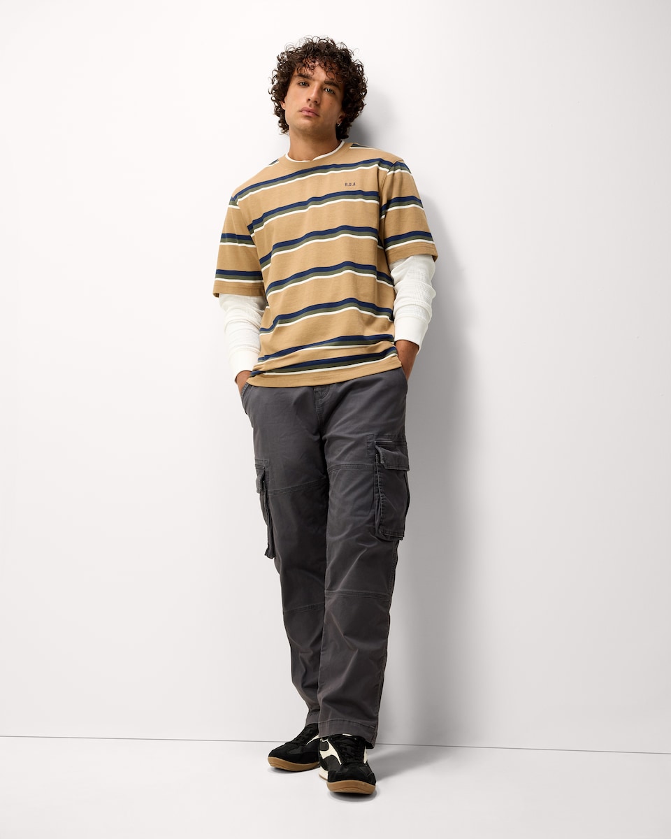 image 1 of RDA Pure Cotton Striped Short Sleeved T-Shirt in Stone