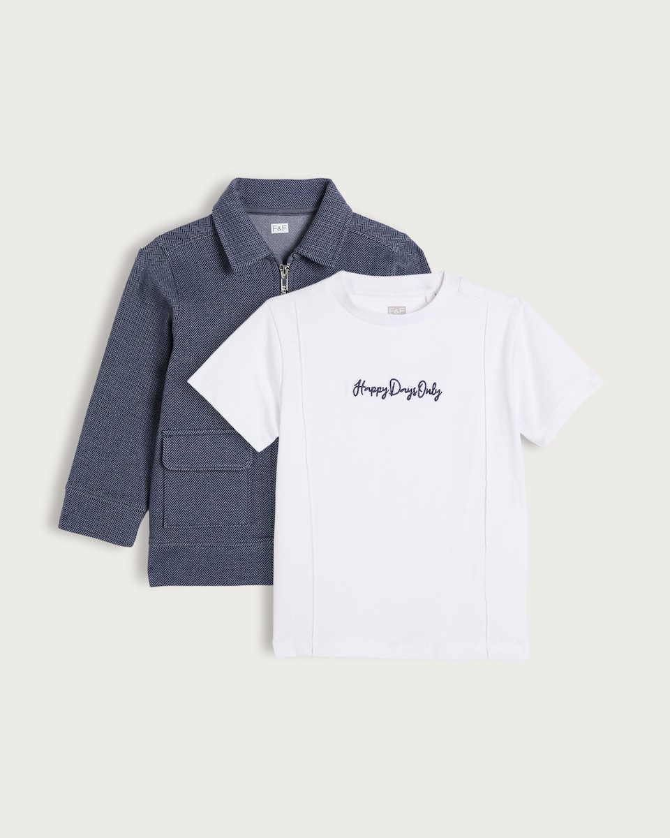 image 1 of F&F Boys 2-Piece Cotton Rich Happy Days Only T-Shirt and Shacket Set in Navy