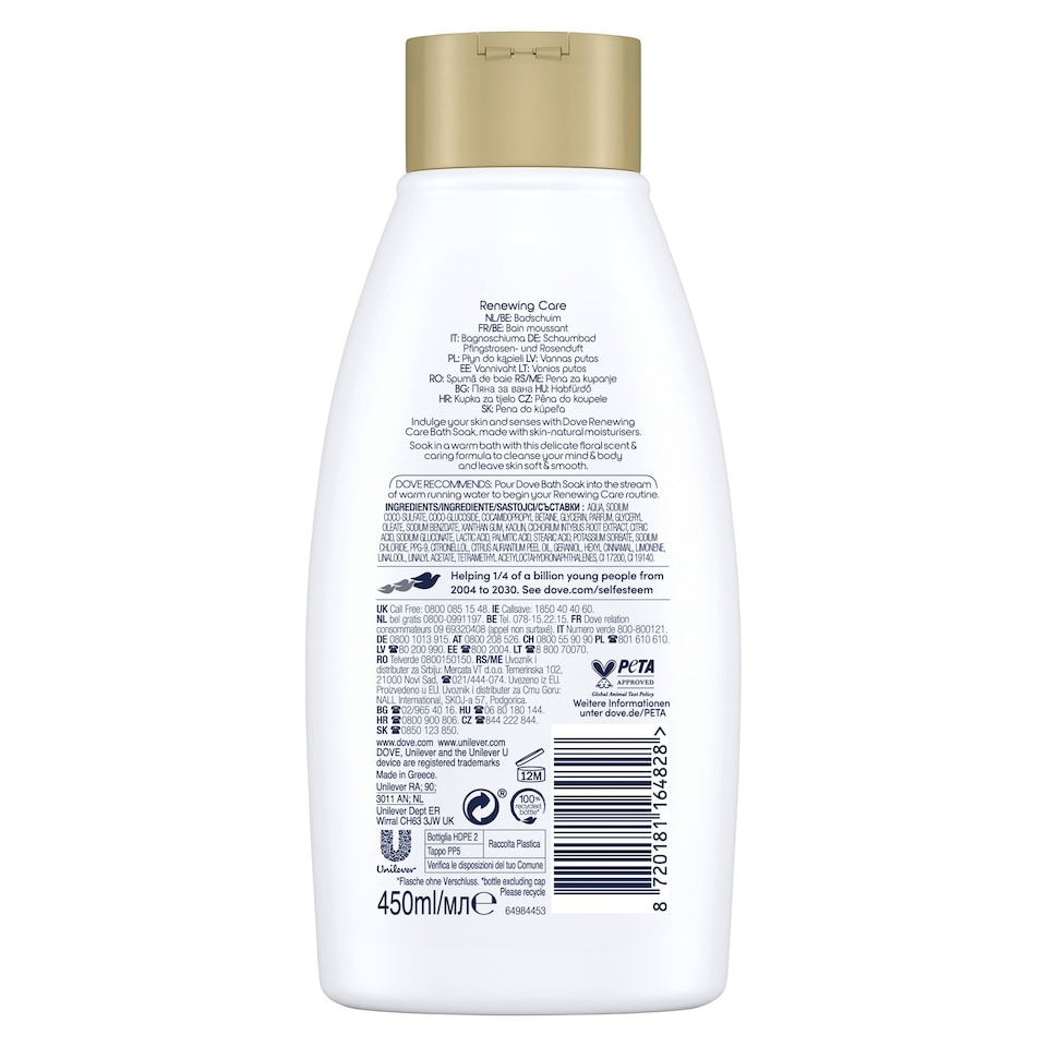 image 1 of Dove Renewing Care Peony & Rose Bath Soak Bubble Bath 450ml