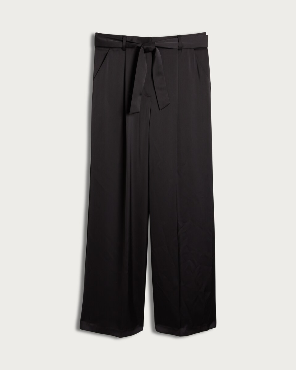 image 1 of F&F Satin Wide Leg Tie Waist Trousers in Black