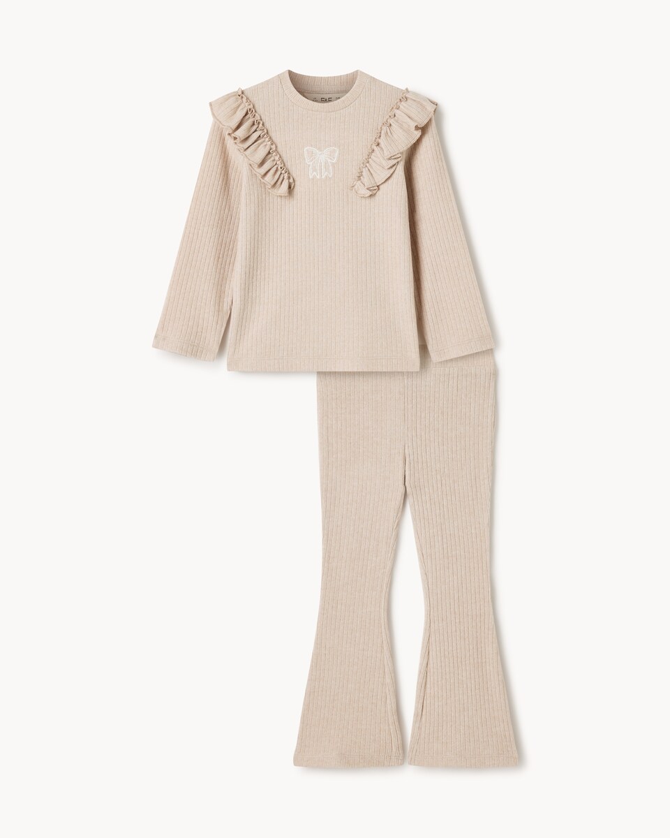 image 1 of F&F Girls Ribbed Top and Flared Leggings Set in Tan