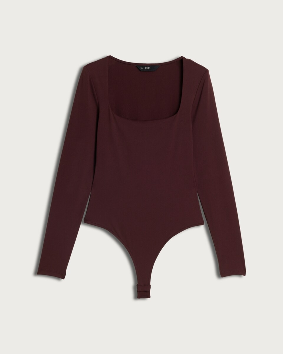 F&F Polyamide Square Neck Long Sleeved Bodysuit in Burgundy