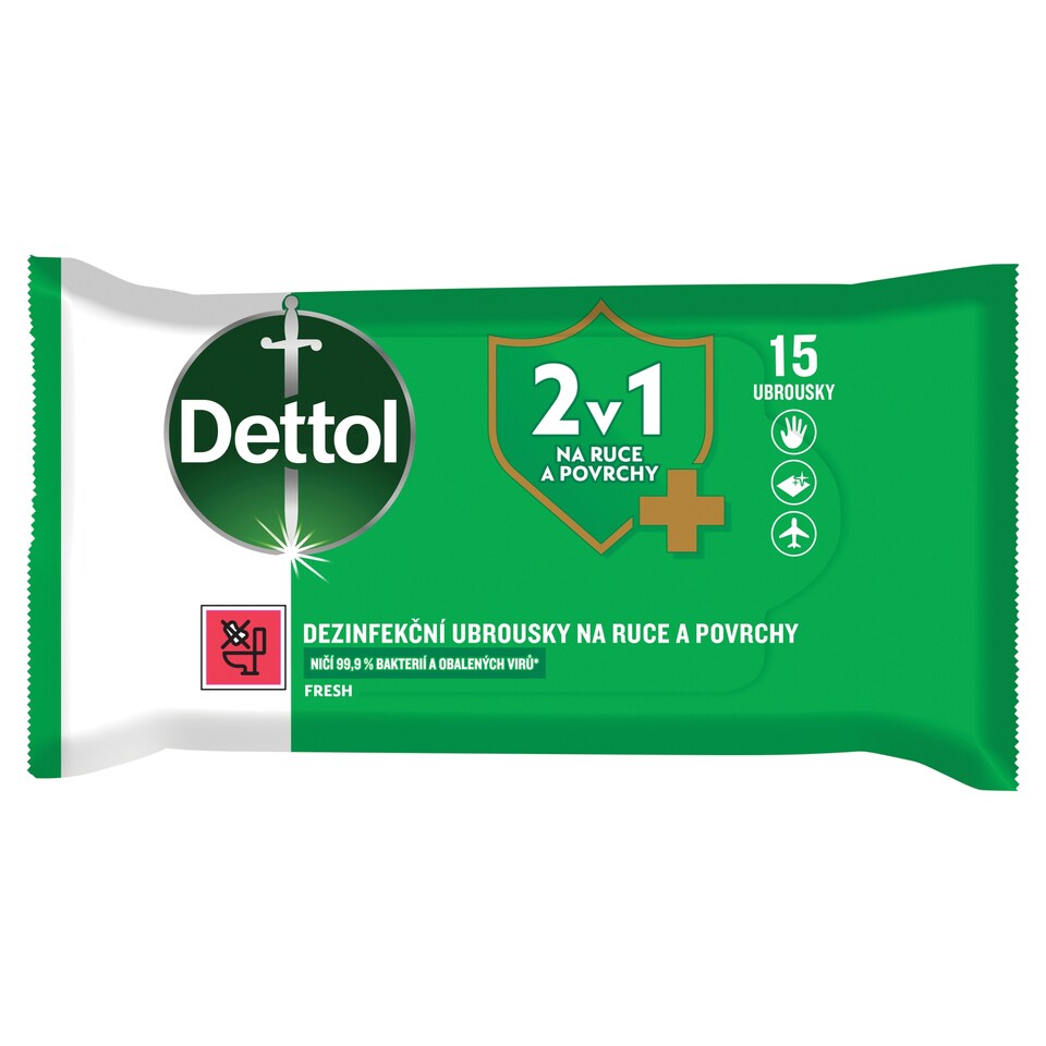 Dettol Fresh 2 in 1 Disinfectant Wipes for Hands and Surfaces 15 pcs