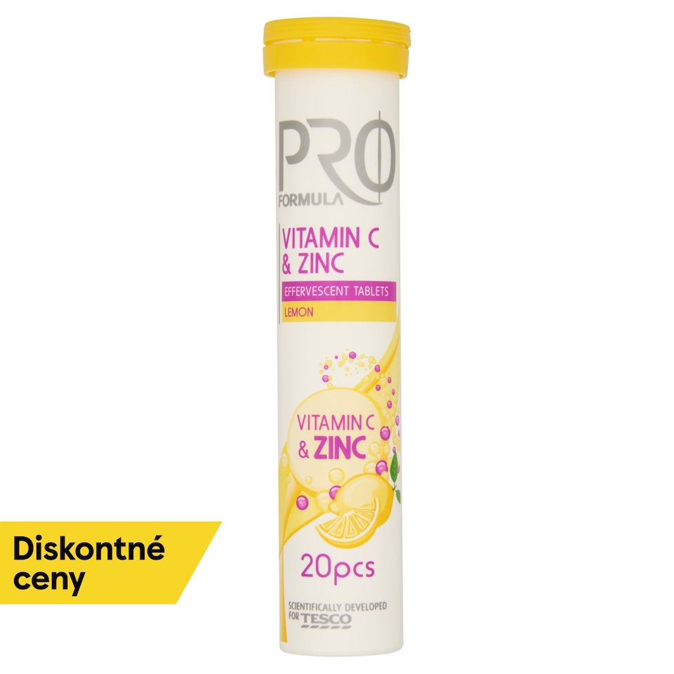 Tesco Pro Formula Šumivé tablety s vitamínom C a zinkom s príchuťou citróna 20 tabliet 80 g
