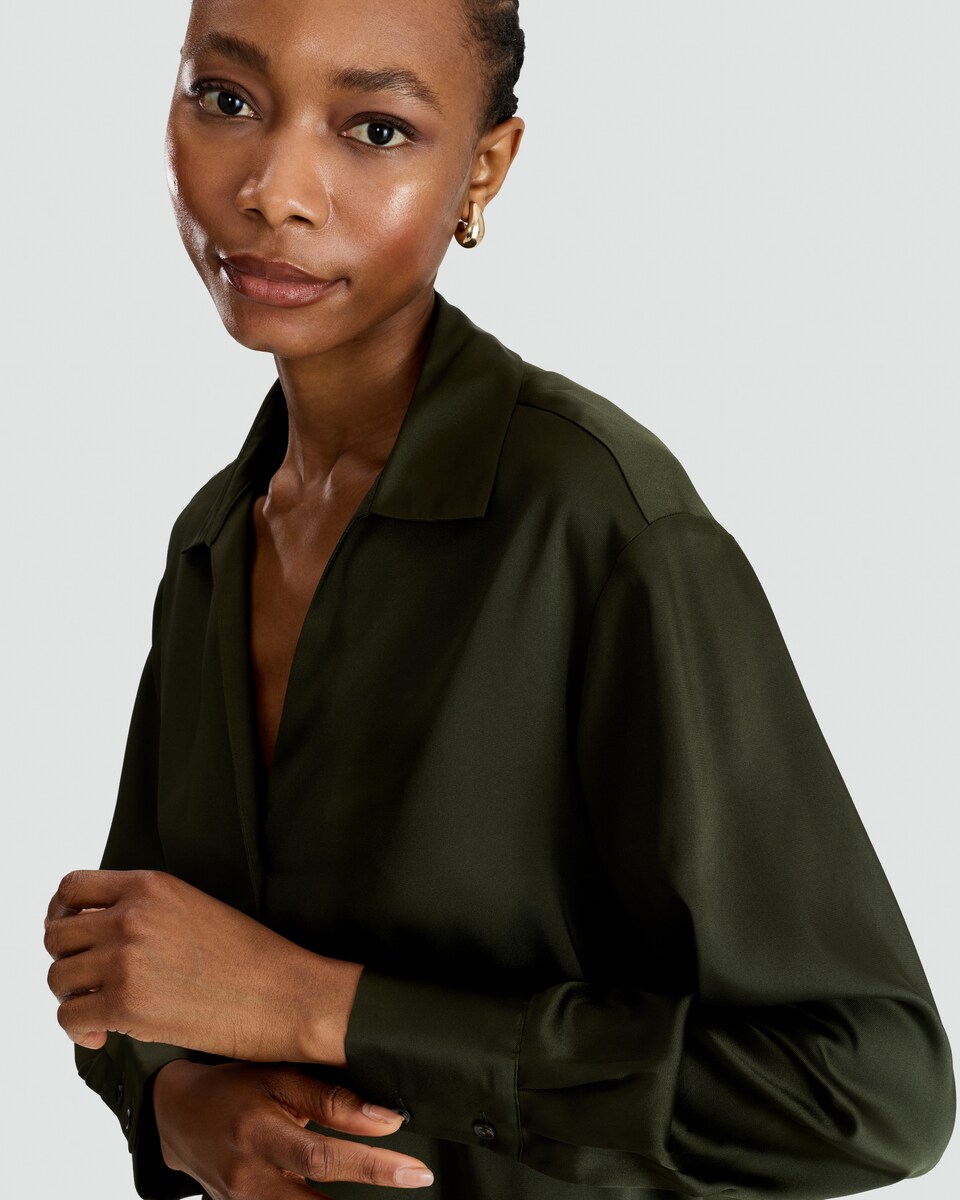image 1 of F&F Satin Button Up Shirt in Khaki