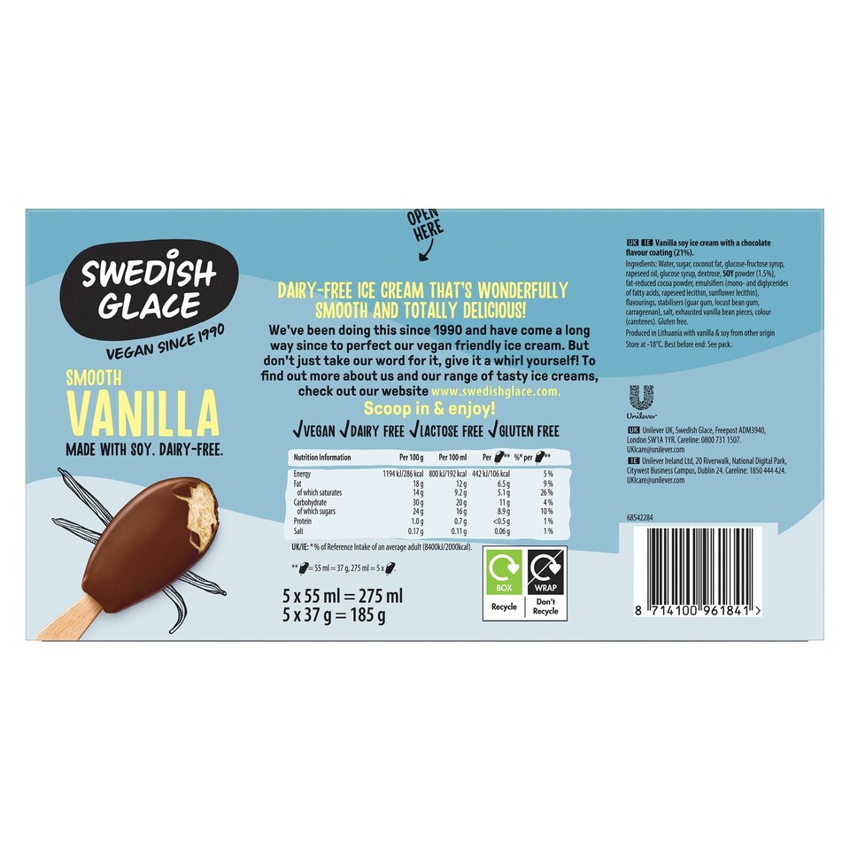 image 1 of Swedish Glace Sticks Vanilla Soy Ice Cream 5X55ml