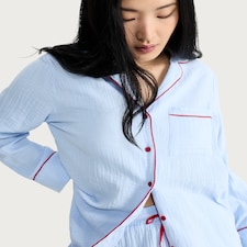 F&F Pure Cotton Textured Contrast Trim Pyjama Set in Blue