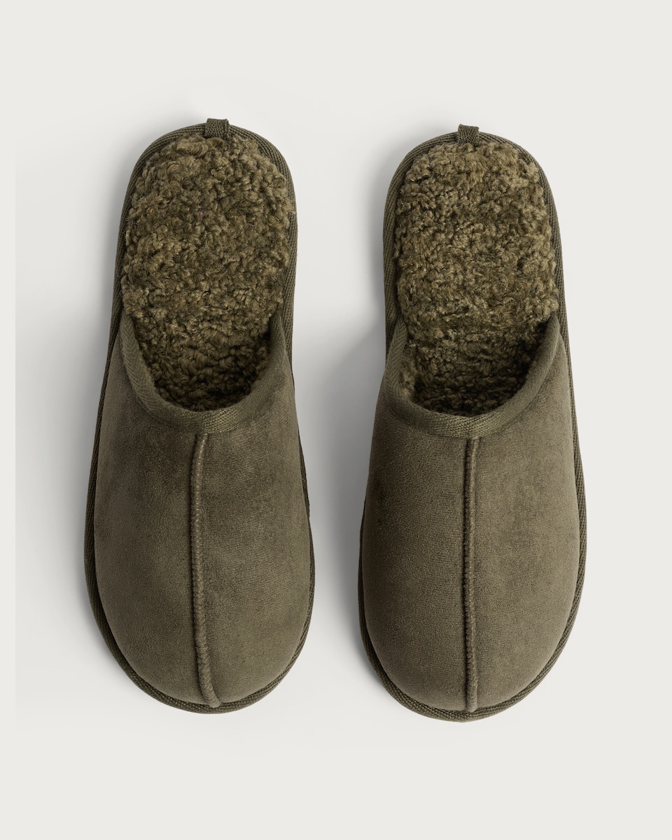 image 1 of F&F Faux Suede Borg Lined Mule Slippers in Khaki