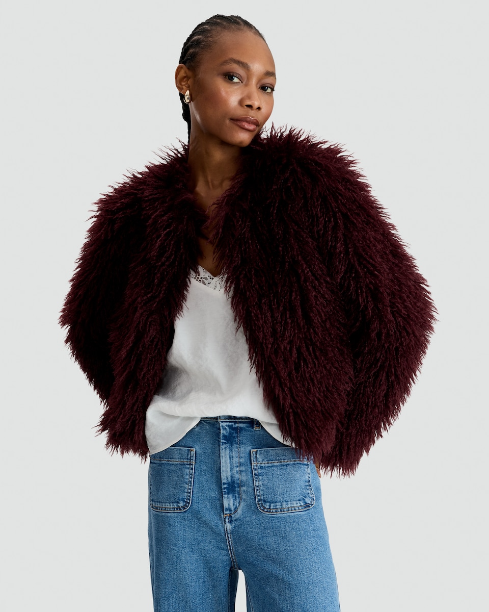 image 1 of The F&F Edit Faux Fur Cropped Jacket in Burgundy