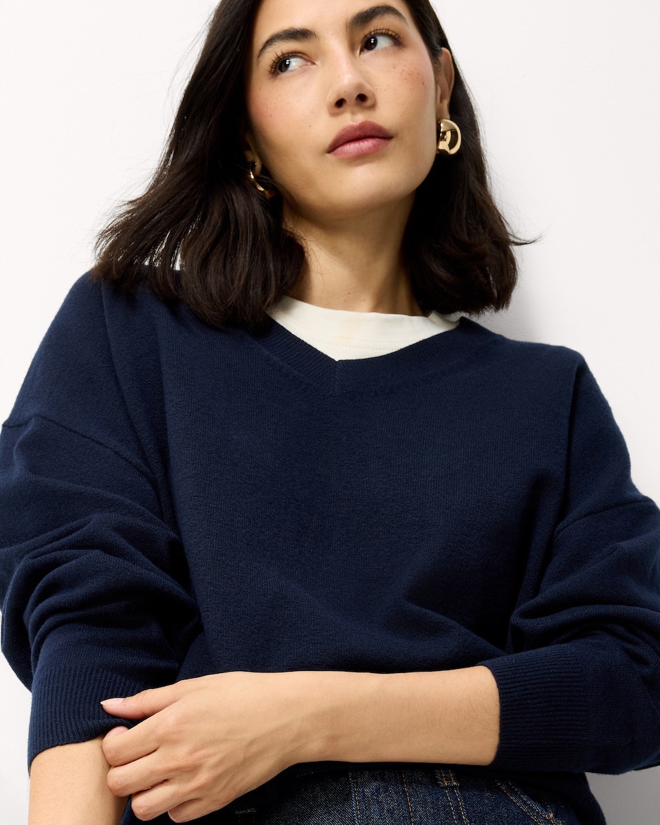 image 1 of F&F V Neck Knitted Jumper in Navy