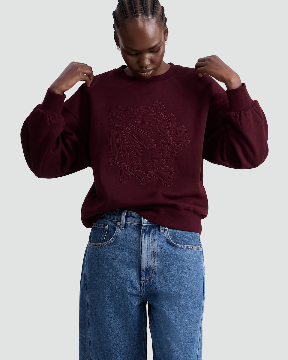image 1 of F&F Cotton Rich Floral Appliqué Embroidered Sweatshirt in Burgundy