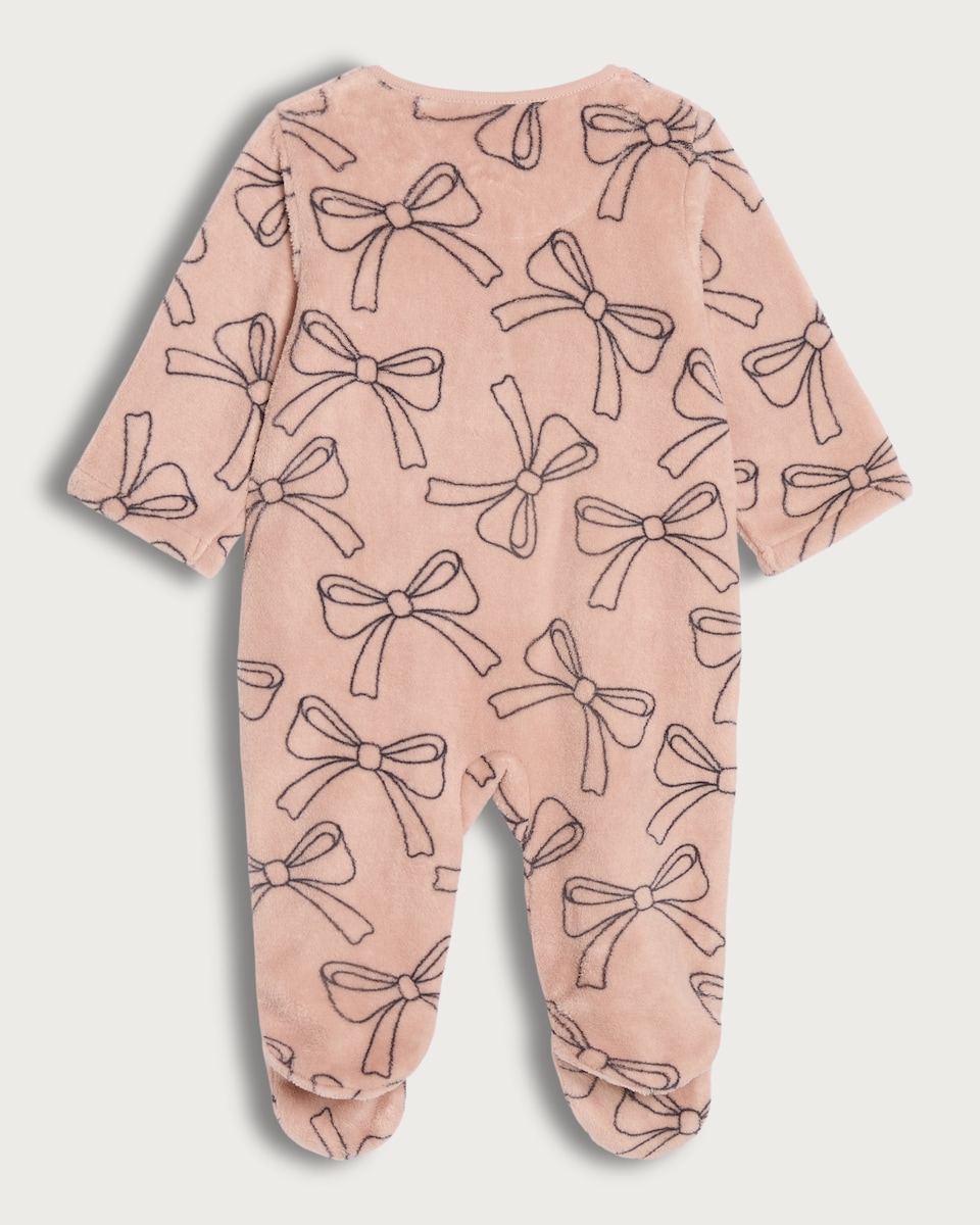 image 1 of F&F Baby Fleece Bow Print Sleepsuit in Pink