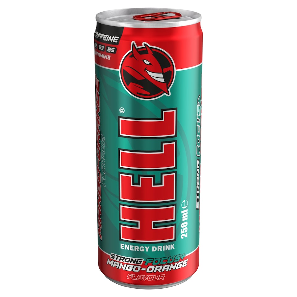 HELL Strong Focus+ Mango-Orange és tuttifruttiízű, koffeintartalmú, szénsavas energiaital 250 ml  1. kép