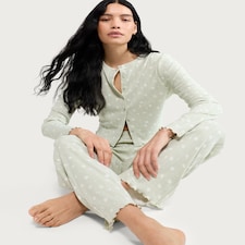 F&F Pointelle Floral Button Up Long Sleeved Pyjama Cardigan in Green