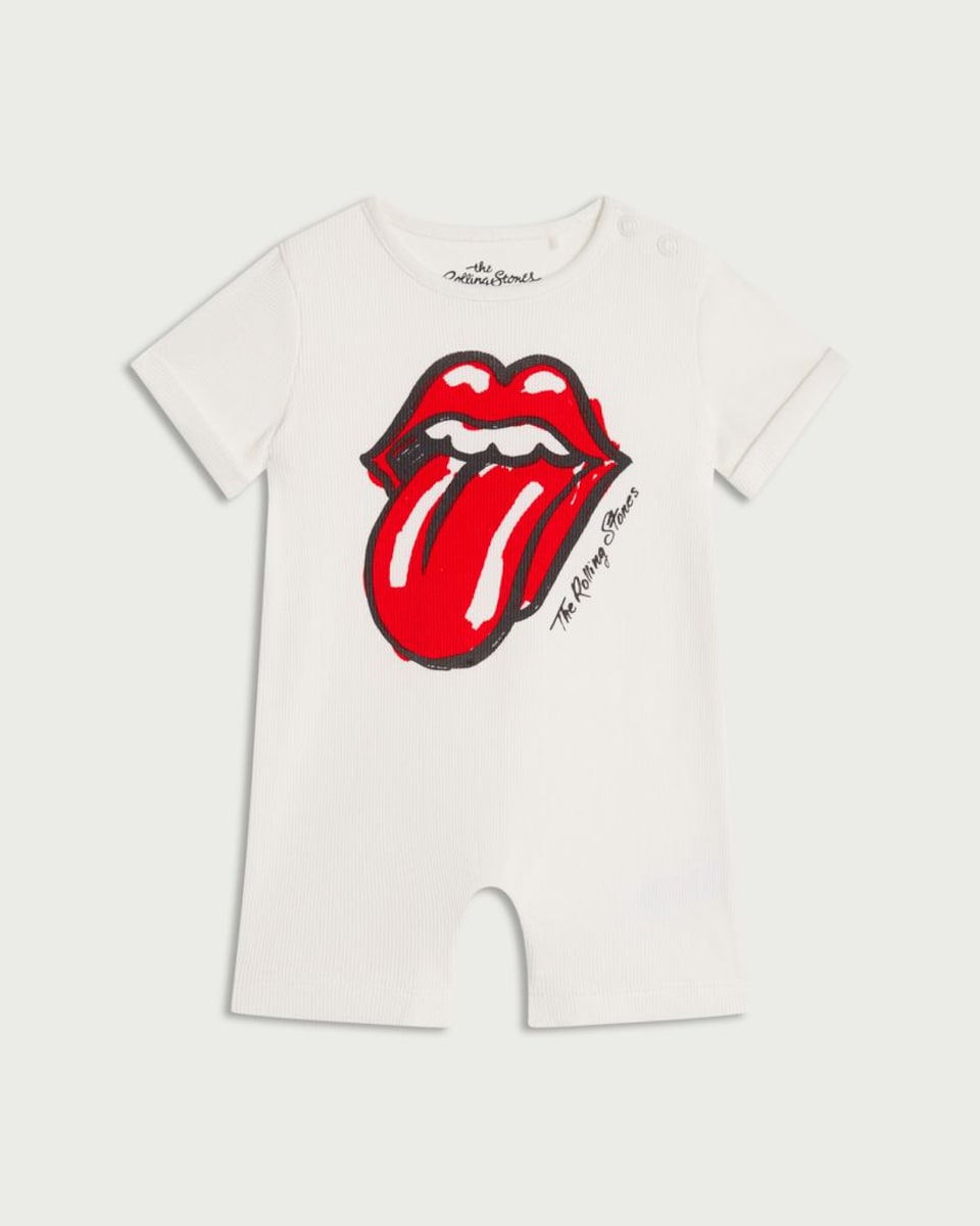 image 1 of Rolling Stones Cotton Rich Tongue Print Romper in White