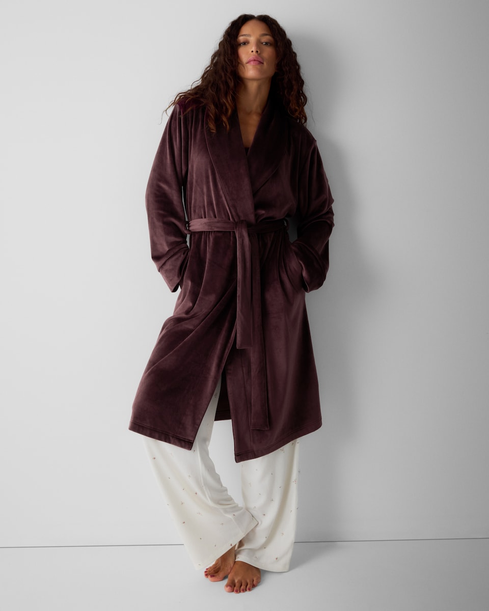 image 1 of F&F Fleece Belted Dressing Gown in Burgundy
