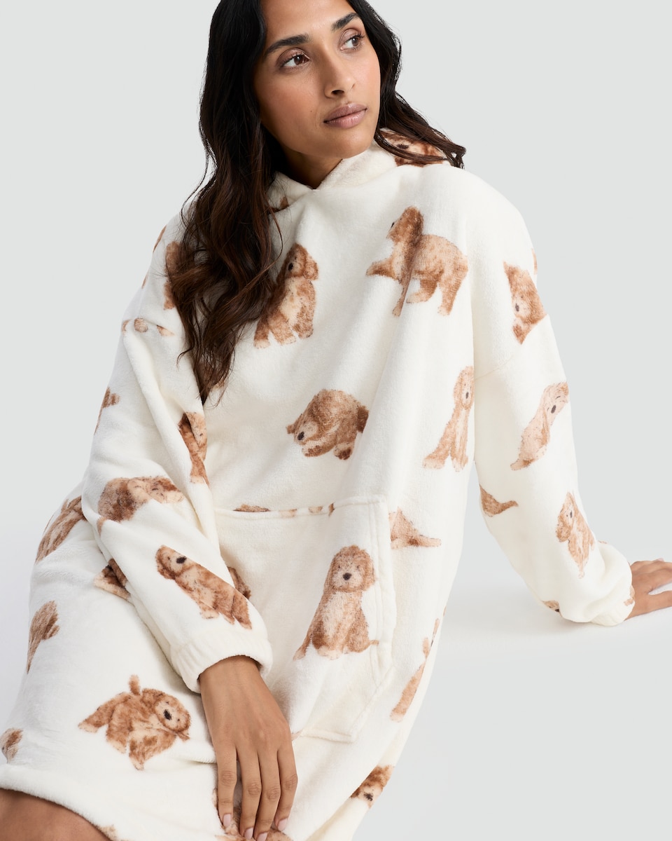 image 1 of F&F Curtis The Dog Fleece Curtis Dog Print Pyjama Hoodie in Cream