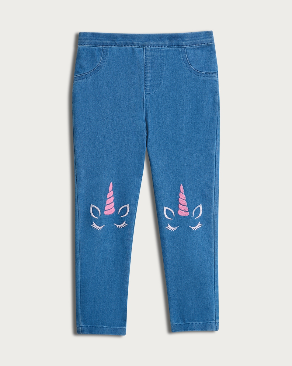 image 1 of F&F Girls Cotton Rich Unicorn Embroidered Denim Jeans in Multi
