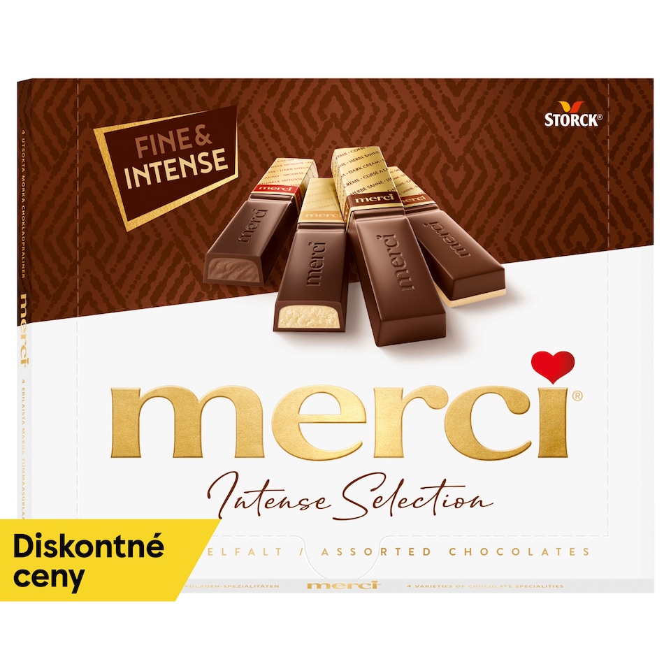 merci Intense Selection výber plnených a neplnených praliniek prevažne z horkej čokolády 250 g
